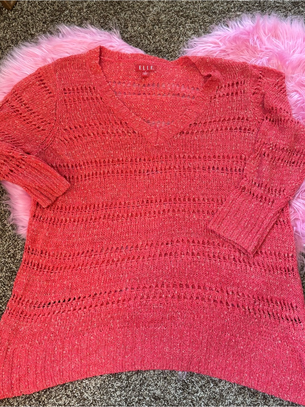 ELLE Coral Metallic Open Knit Sweater Size XL